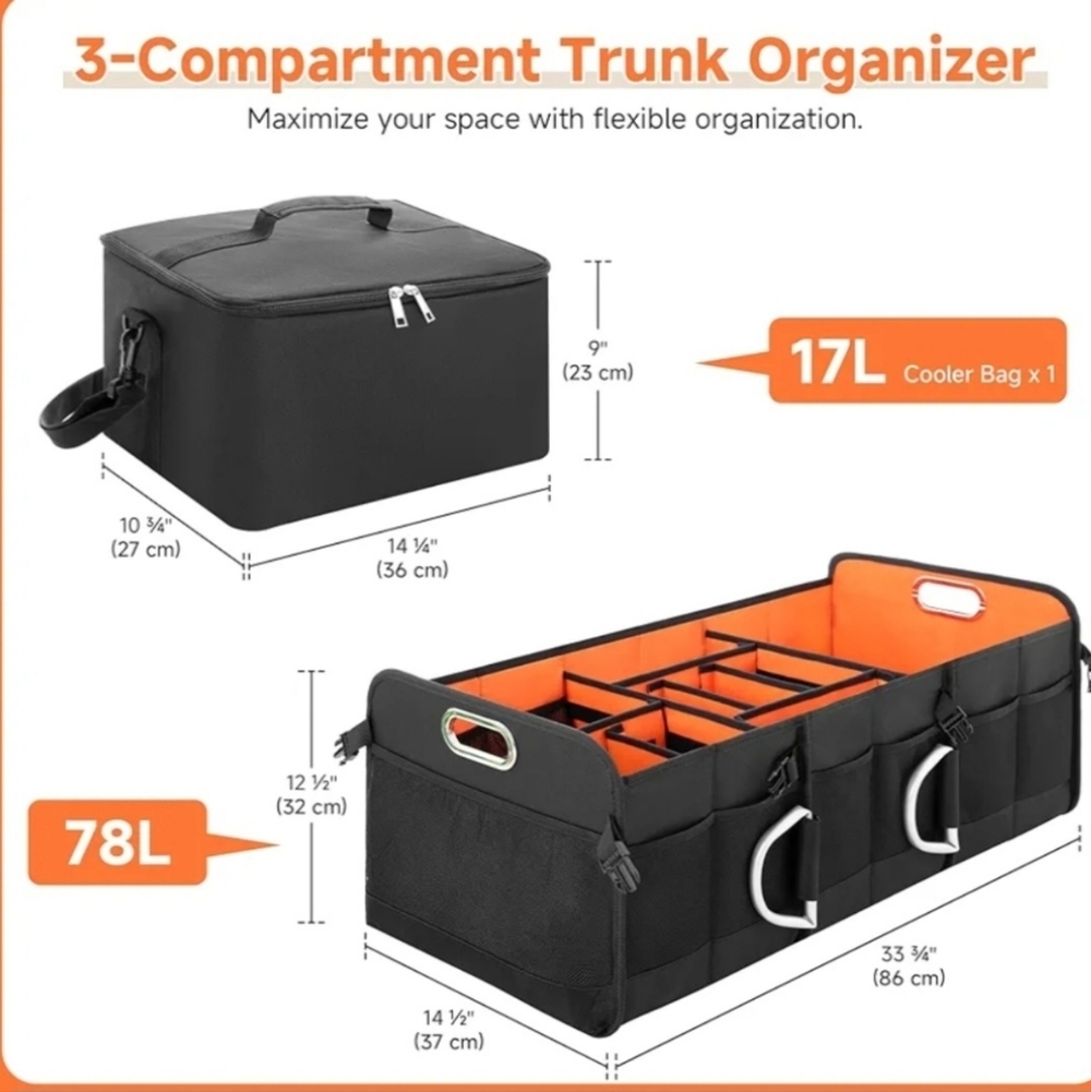New 3 Compartment Collapsible Trunk Organizer with Removable Cooler For Car SUV